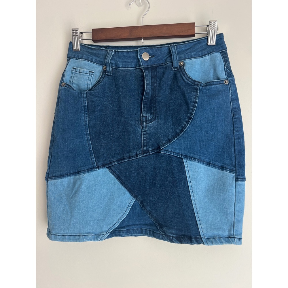 American Bazi Women's Y2K Patchwork Colorblock Denim‎ Mini Skirt Festival Size M